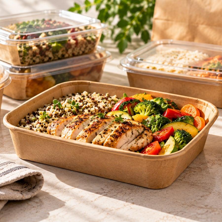 Kâğıt kaplarda tavuklu kinoa, çorba ve salata