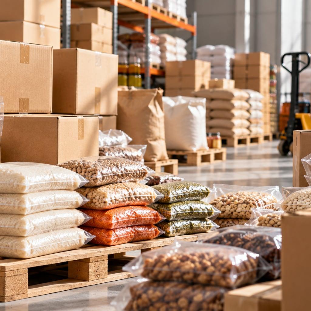 Kolilerin önünde paletler üzerinde vakumlu paketlenmiş pirinç, mercimek, nohut ve fasulye