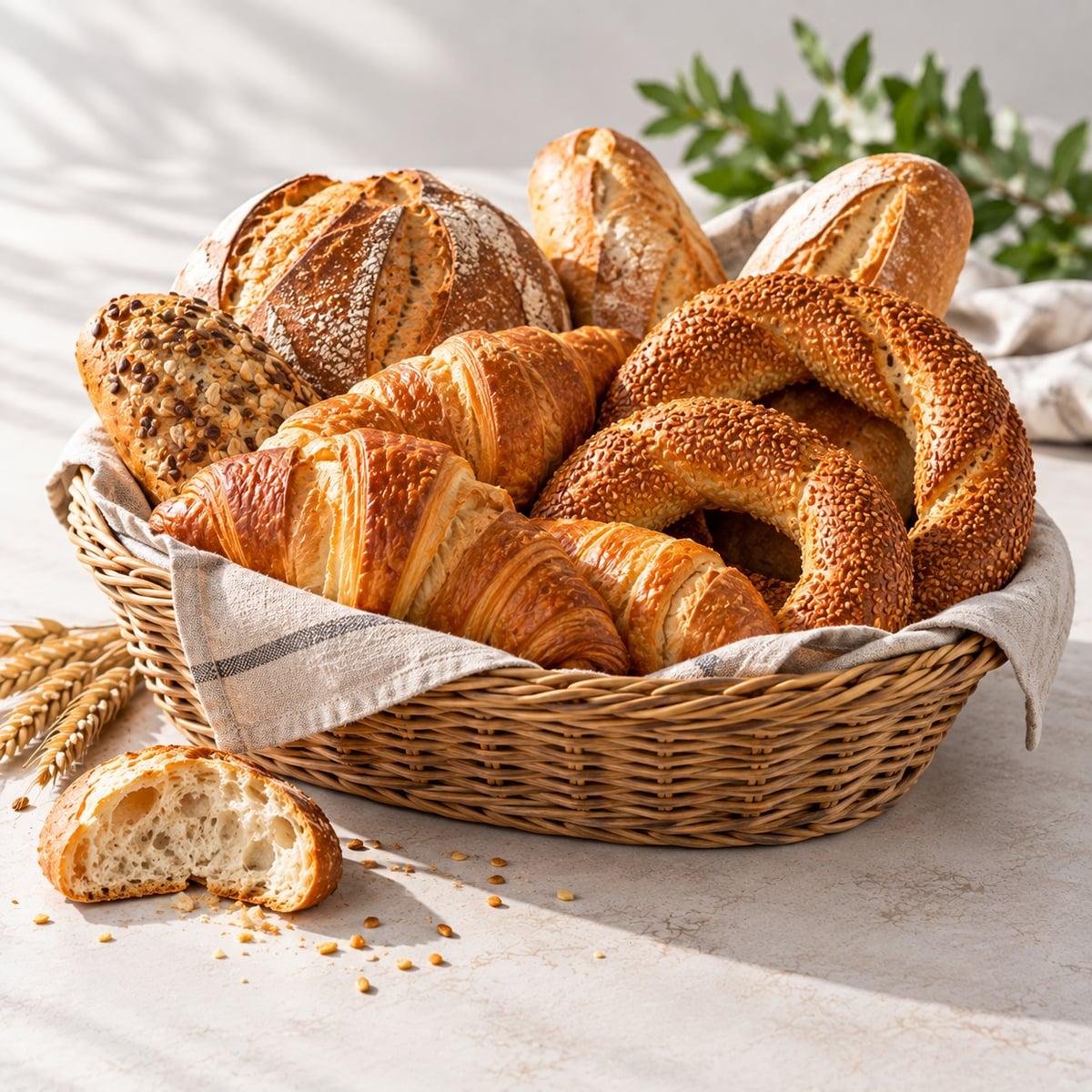 Hasır sepette simit, kruvasan ve ekmek çeşitleri