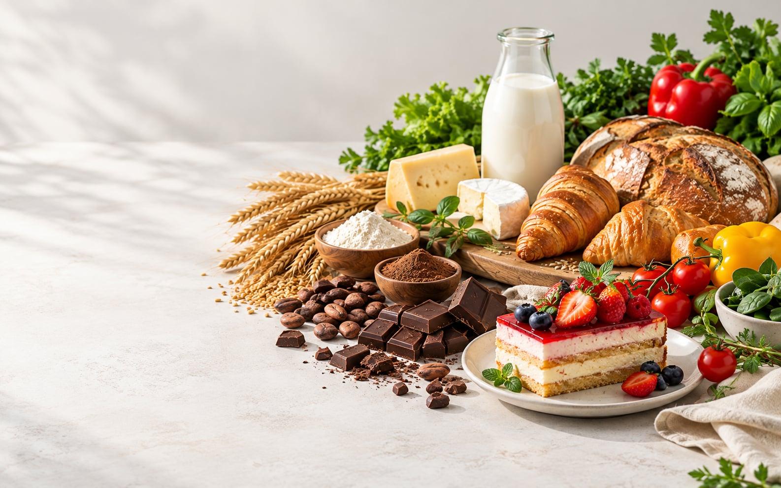 Buğday başakları, un, kakao, çikolata, peynir, süt, ekmek, kruvasan, meyveli pasta ve taze sebzelerden oluşan ürün kompozisyonu
